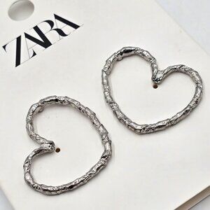 Zara Silver Textured Heart Earrings - NWT